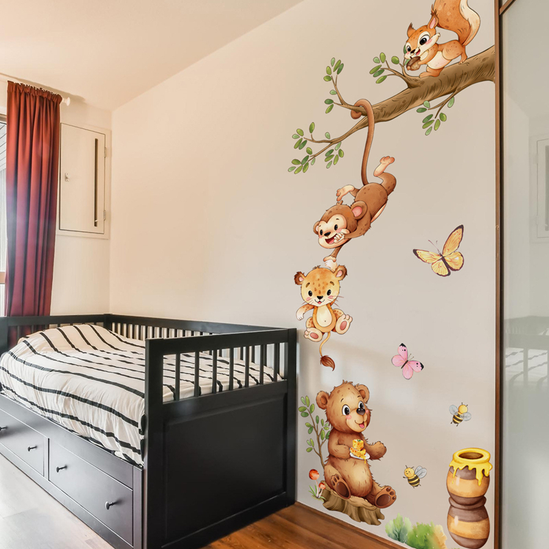 Kids Education Room - สติ๊กเกอร์ติดผนังไวนิลลายสัตว์ น่ารัก ลิง ผีเสื้อ ผึ้ง สำหรับตกแต่งห้องเด็ก