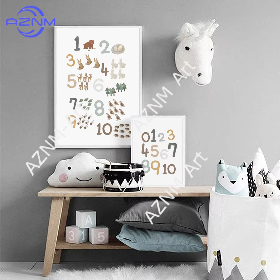 Kids Education Room - 1/2 ชิ้น ของตกแต่งห้องเด็ก ภาพพิมพ์บนผ้าใบ ลายสัตว์ ตัวเลข