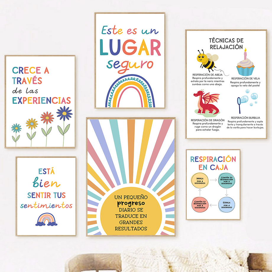 Kids Education Room - สโลแกนการศึกษาภาษาสเปนสายรุ้งซันไชน์วอลล์อาร์ตภาพวาดผ้าใบโปสเตอร์นอร์ดิกและภาพพิมพ์การ์ตูนภาพเด็กทารกเด็กตกแต่งห้อง
