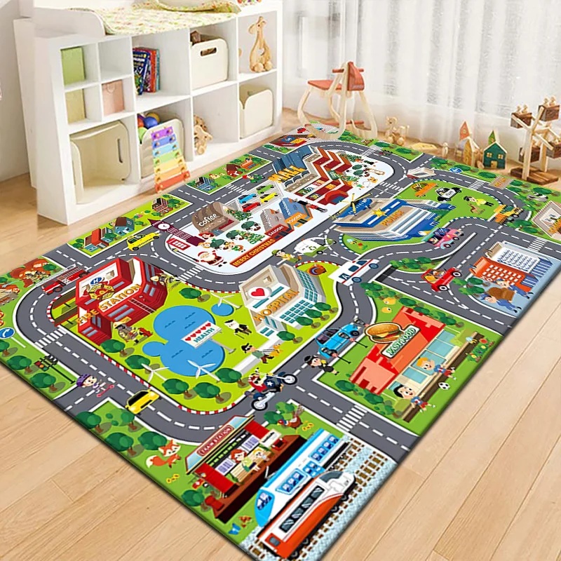 Kids Education Room - พรมปูพื้นลายแผนที่เมืองหลากสีสันสำหรับเด็ก พรมเล่นเสริมสร้างจินตนาการ ถนนจราจร สนามผจญภัย เหมาะสำหรับห้องเด็กเล่น ห้องนอน