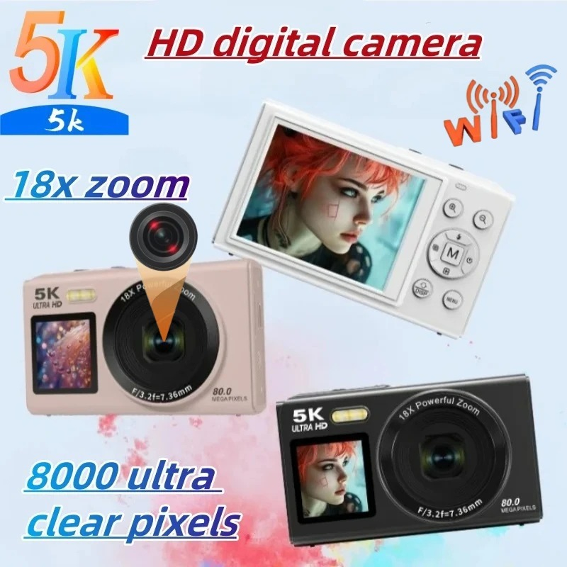 Kids Education News - 5K HD กล้องดิจิตอลไวไฟ 80MP 18X ซูมออปติคอลแบบพกพาหน้าจอคู่เซลฟี่วิดีโอบล็อกกล้องวิดีโอการเดินทางของนักเรียนการถ่ายภาพเด็กของขวัญ