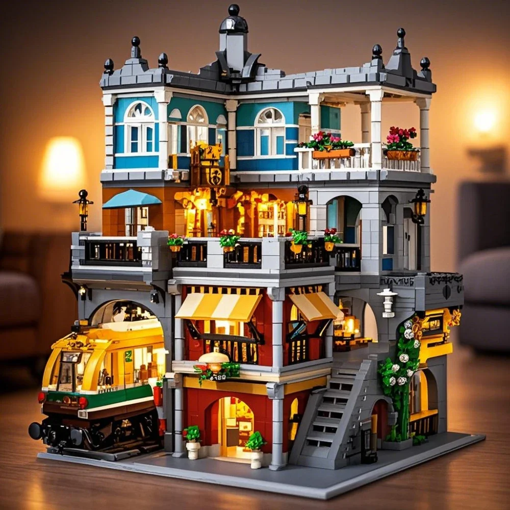 Lego Set City - ชุดตัวต่อบurgershop พร้อมไฟ ฉากถนนในเมือง แบบประกอบเอง ของเล่นตกแต่งโต๊ะทำงาน สำหรับเด็กและผู้ใหญ่