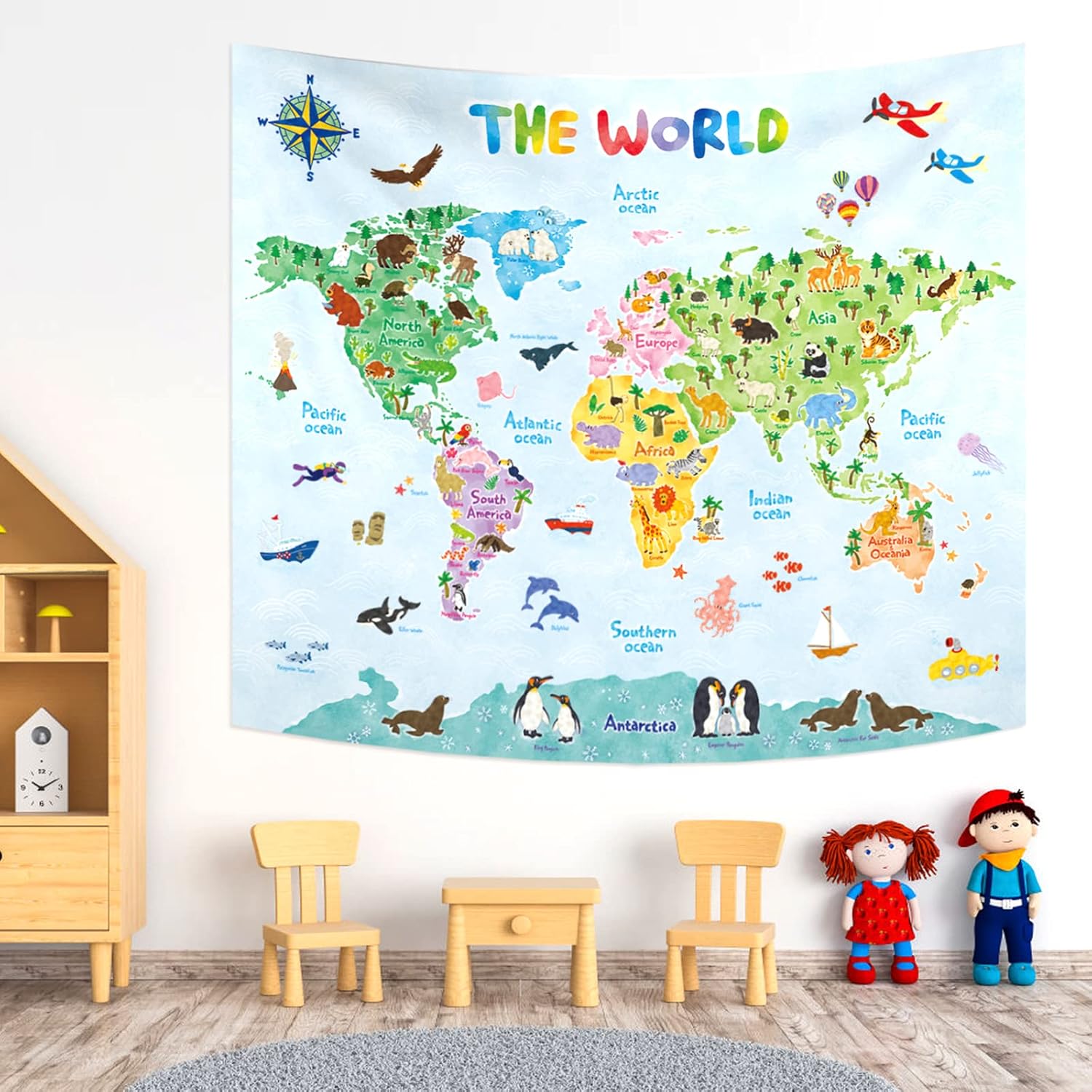 Kids Education Room - แผนที่โลกสำหรับเด็ก ผ้าติดผนัง ศิลปะการเรียนรู้ภูมิศาสตร์ ตกแต่งห้องเด็ก ลายการ์ตูนสัตว์ ของเล่นเสริมพัฒนาการเด็ก