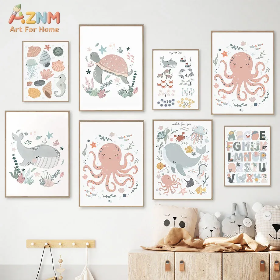 Kids Education Room - AZNM ภาพพิมพ์สัตว์ทะเลบนผ้าใบสำหรับตกแต่งห้องเด็ก ลายปลาหมึก วาฬ เต่า พร้อมตัวอักษรและตัวเลข