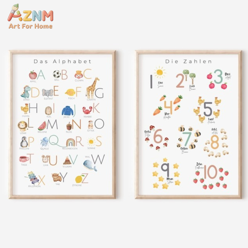Kids No Education - AZNM ตัวอักษรภาษาเยอรมัน ตัวเลข ภาพพิมพ์บนผ้าใบสำหรับตกแต่งผนัง, Das Alphabet