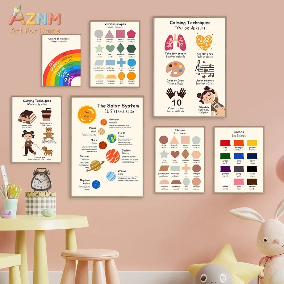 Kids Education System - AZNM ภาพพิมพ์บนผ้าใบสำหรับเด็ก ภาษาสเปน-อังกฤษ ระบบสุริยะ รูปทรงสีรุ้ง แผนภูมิเทคนิคการผ่อนคลาย